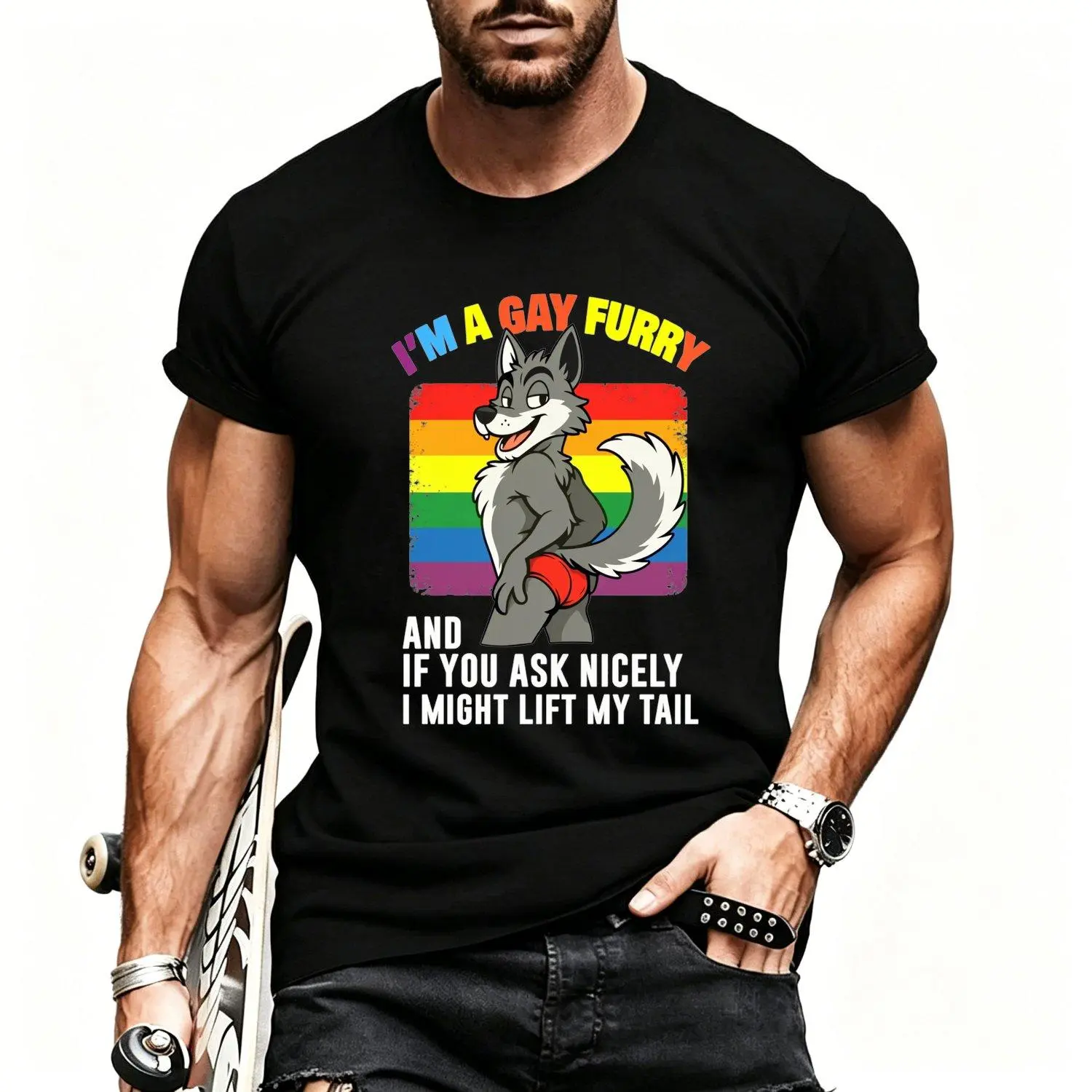 Men Short Sleeve T Shirts Classic Graphic Top Round Neck Fitted Im A Gay Furry Rainbow Fox Print LGBTQ Pride Streetwear Funny Meme Tee Playful T Shirt Sizing Chinese New Year
