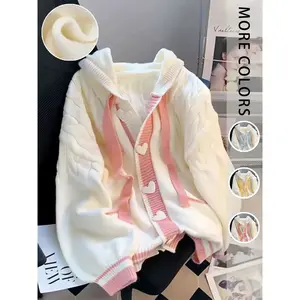 Women's Casual Knit Cardigan, Long Sleeve Hooded Sweater, Patchwork Heart Button Design, Fall Winter Fashion