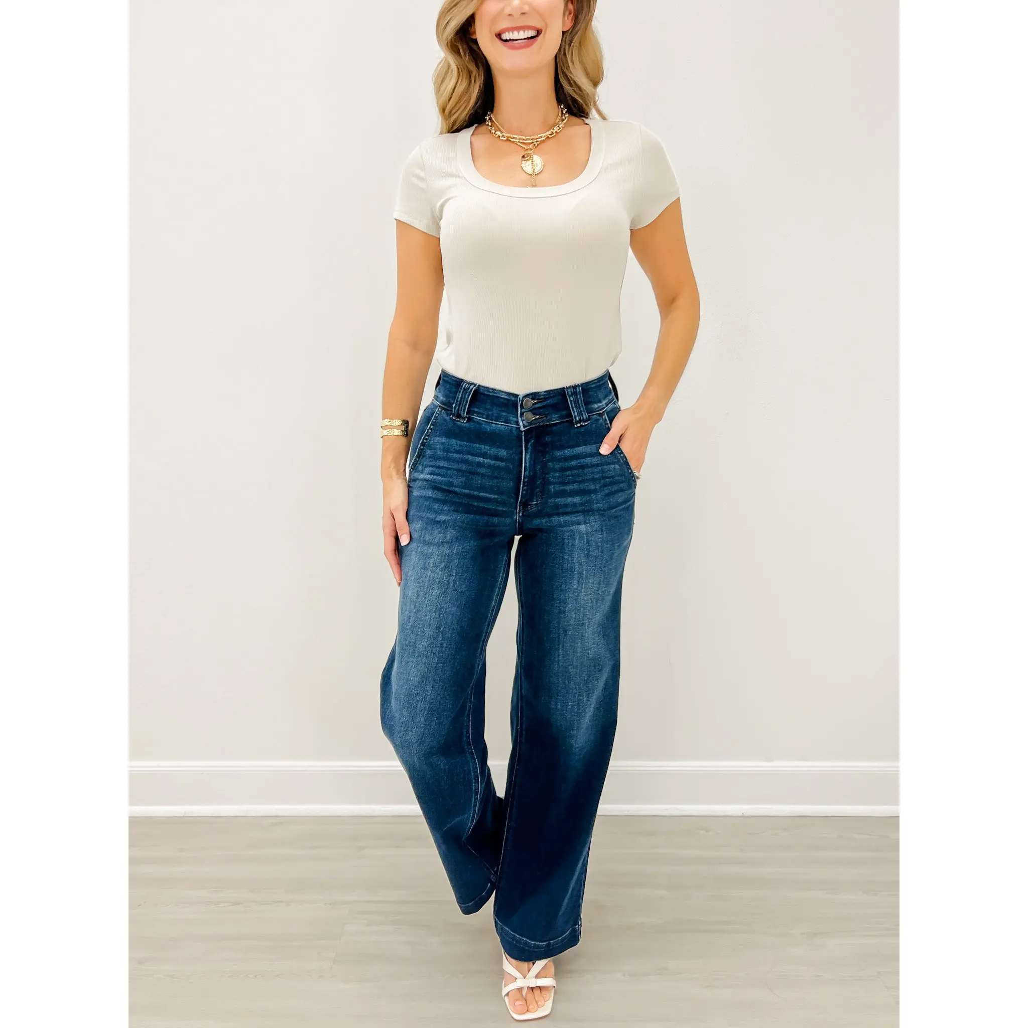 Judy Blue HEADLINER Hi-Rise Wide Leg Double Button Trouser Jeans