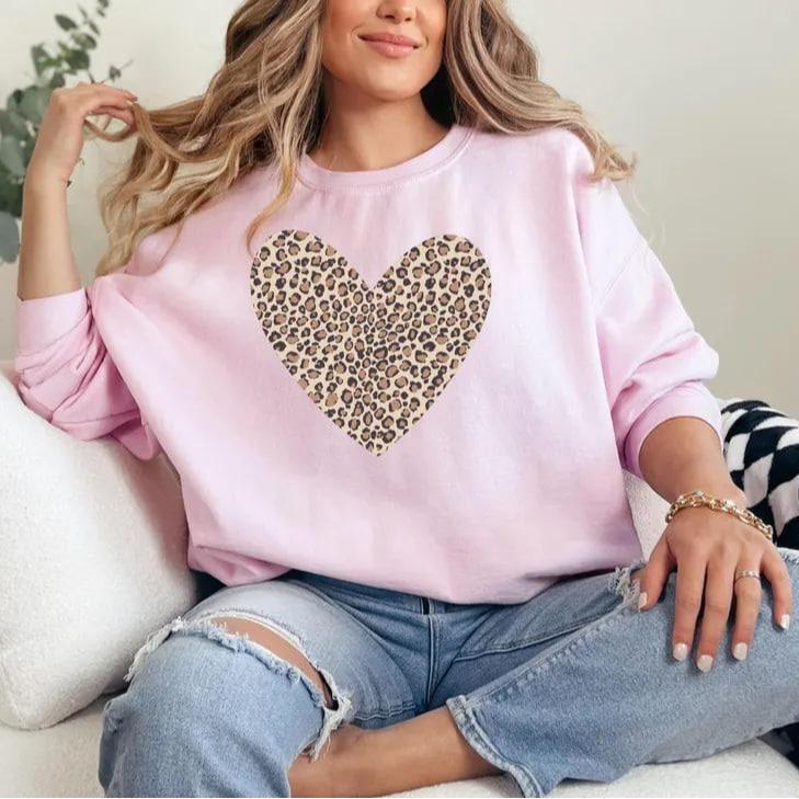 Leopard heart sweatshirt for Valentine’s Day, stylish leopard print sweater, cozy love gift for her or mom, perfect Valentine’s Day present idea today