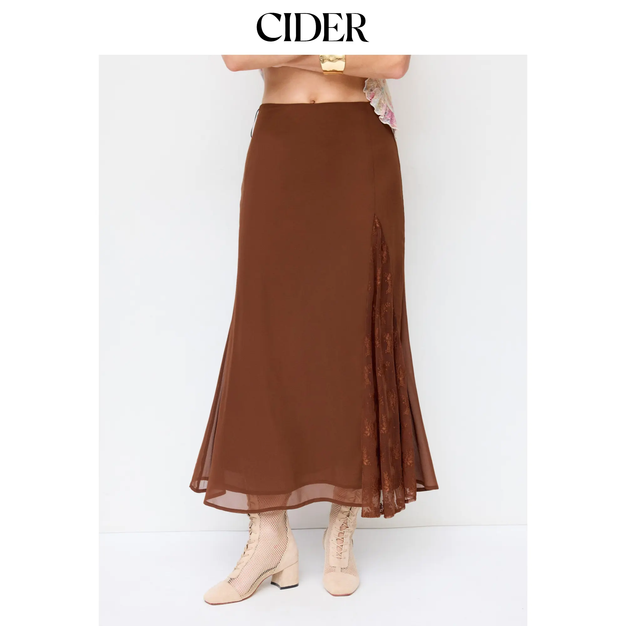 Cider Women's Chiffon Mermaid Maxi Skirt, Elegant Mid Rise Bottom with Sheer Lace Panel Detailing