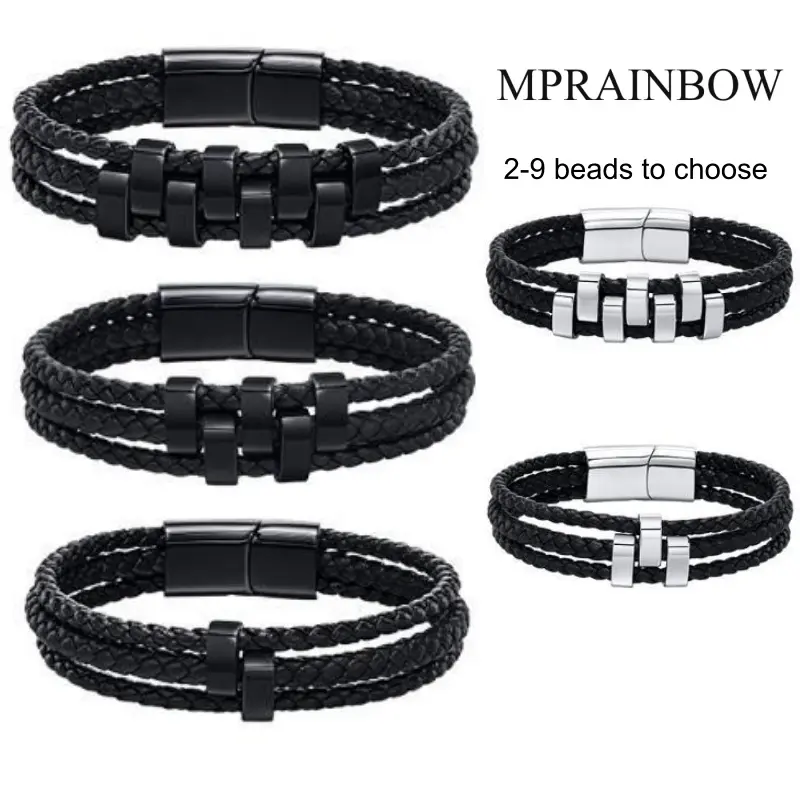 MP Personalized Name Engraved Custom Bracelets for Men, Men's Punk Leather Braided Bangle, Stainless Steel Black Wristband Unisex Fashion Wrist Jewelry Durable Accessories, gift for boyfriend, husband, dad, him, Grandpa