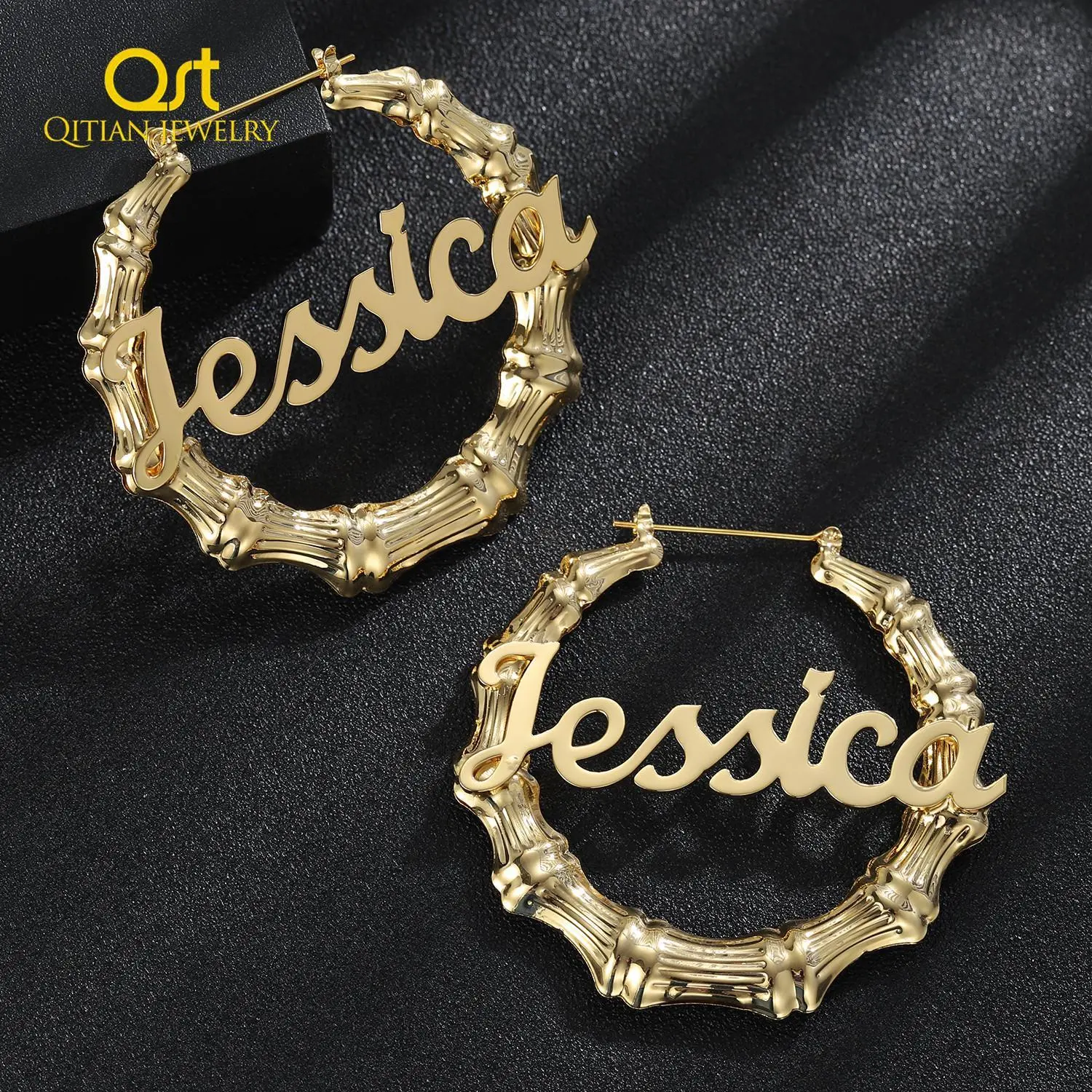 40mm-90mm Custom Bamboo Hoop Earrings Customize Name Earrings Bamboo Style Personality Earring With Statement Words Hiphop Sexy