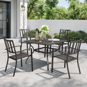 Piece Outdoor Table and Chairs, Patio Dining , Black Square Metal Table and Stackable Wrought Iron Chairs with Umbrella Hole for Patio, Deck, Porch, Backyard