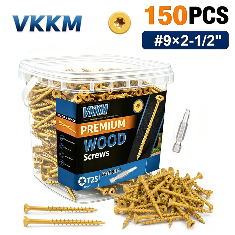 VKKM Epoxy Coated Carbon Steel Self-Tapping Screws, 150 Pieces Each of #9x2.5in & #10x3in, T25 Star Driver, Flat Head Countersunk, Anti-Corrosive Exterior Fasteners for Wood Surfaces, Decking, Fencing