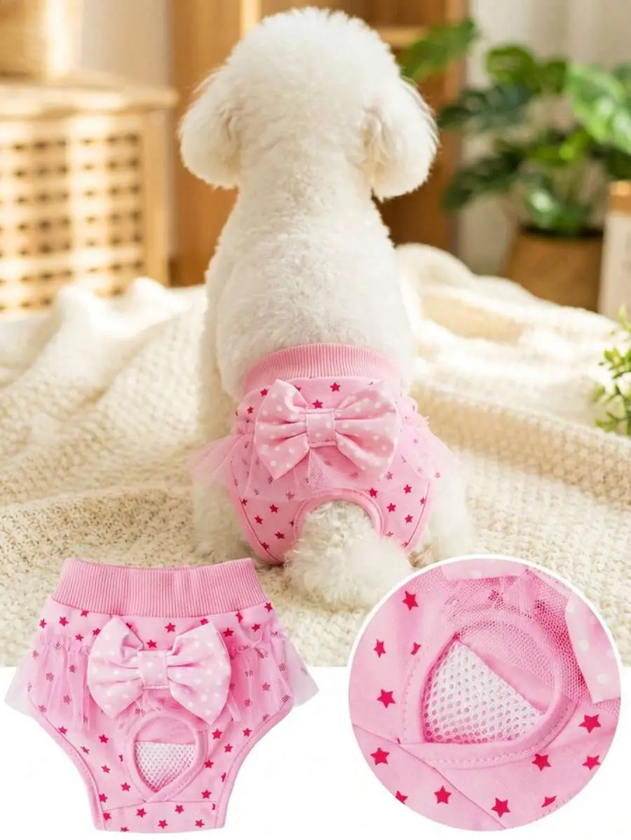 Cute Cartoon Dog Sanitary Diaper Pants with Lace Trim and Bow, Reusable Hygiene Diaper for Small Dogs