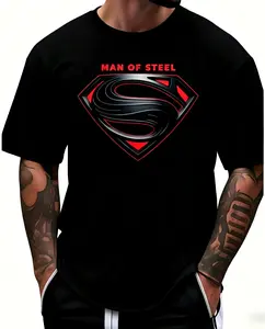 Men's Plus Size Unisex Cotton Round Neck Justice League Shirt - Man of Steel Graphic, Playful Text Print, Soft Short-Sleeve Outdoor Casual Top, Comfy Fit for Spring, Summer