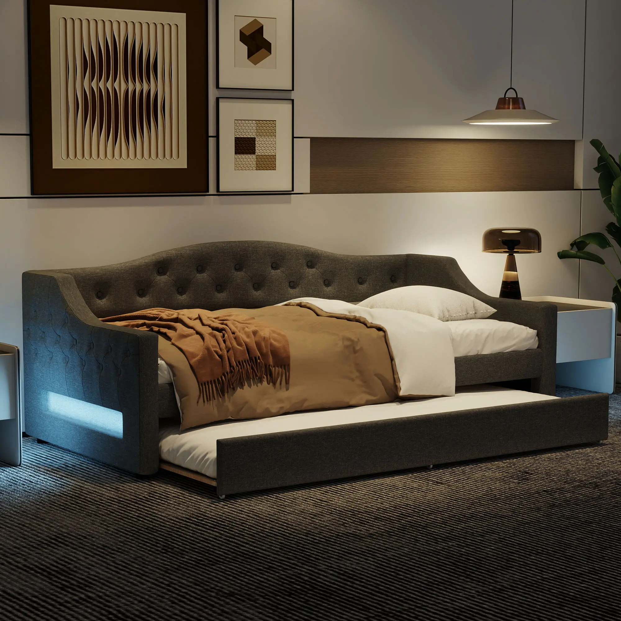Twin XL Size Daybed with Trundle and LED Belt, Linen Upholstered Sofa Bed for Bedroom, No Box-Spring Needed (Gray/LED)