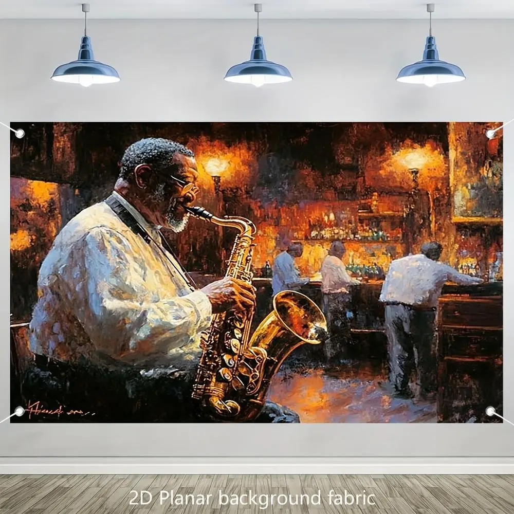 1pc Painted 2D Flat New Orleans Jazz Club Saxophonist Durable Polyester Tapestry - Glam Wall Hanging for Indoor Home Decor, Machine Washable Party Textile Soft Furnishing, One-Piece