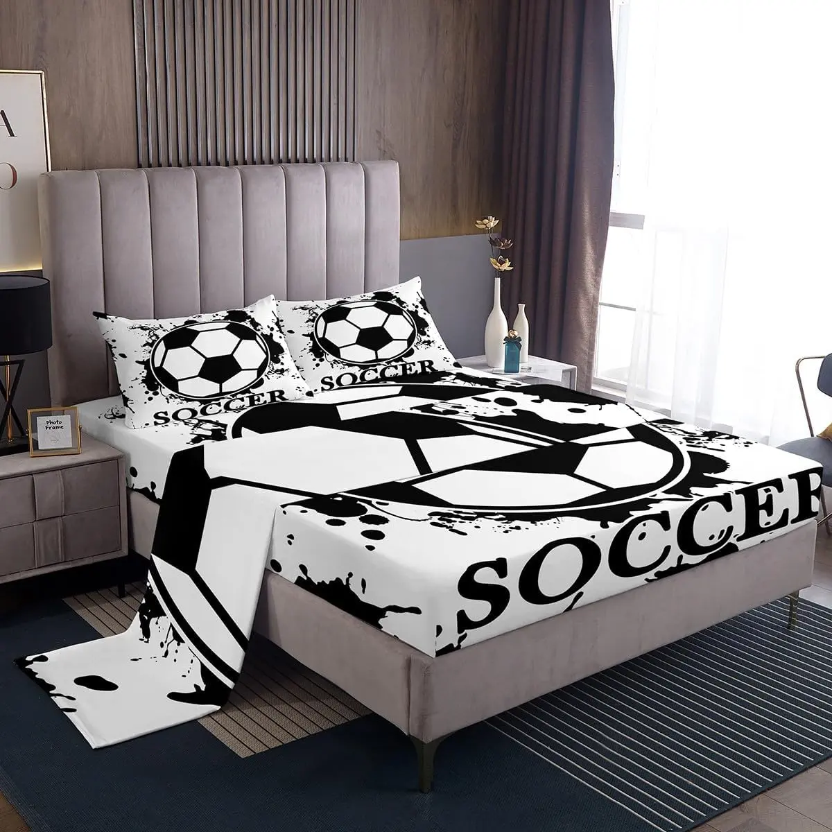 Feelyou Tie-Dye Soccer Bedding Set - Sports Theme Bedding, Breathable Fabric Bedsheets, Easy-Care Black and White Deep-Pockets Fitted Sheet, King Size, Machine Washable Soccer Bedroom Decor