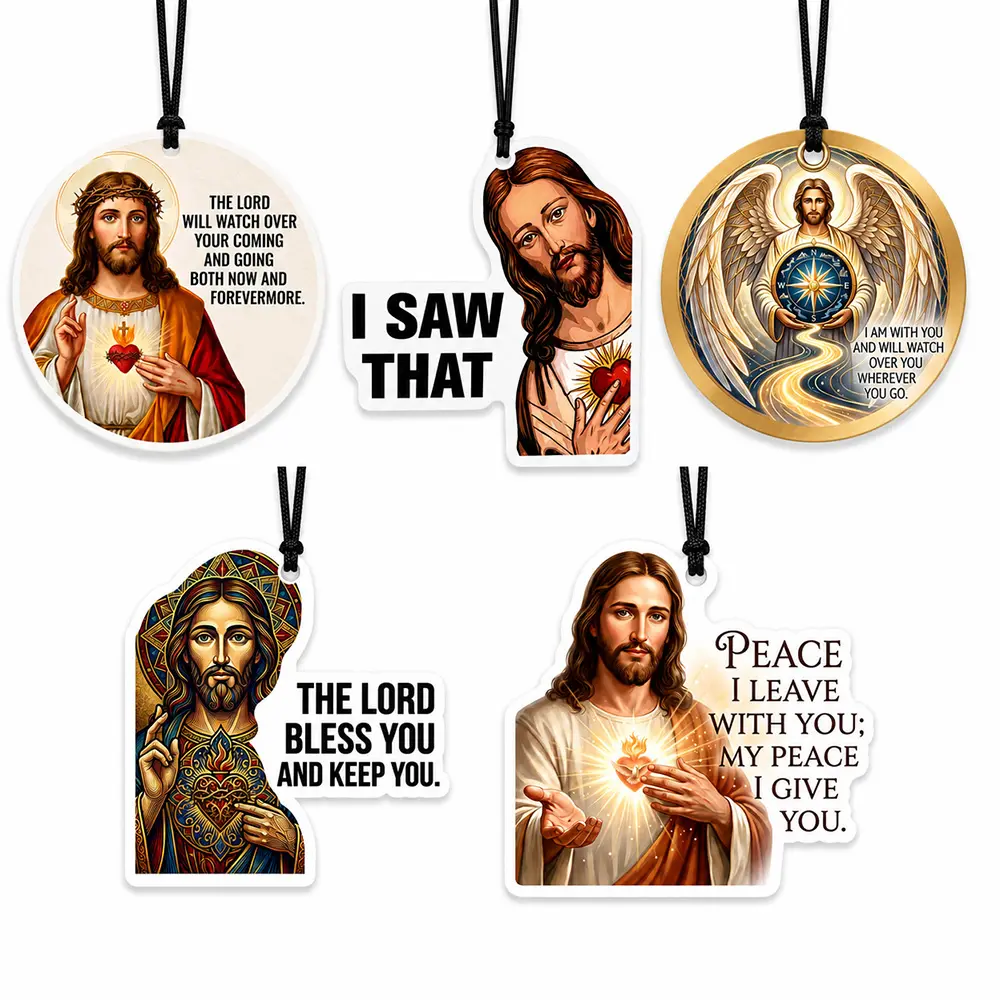 Jesus Graphics Car Air Freshener 5-Pack Set, Funny Christian Auto Mirror Hanging Ornament, 5 Signature Scents Variety Pack, Odor Control Religious Blessing Gift for Believers