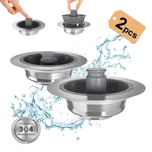 2PCS 3-in-1 Kitchen Sink Drain Strainer Stainless Steel Sink Plug Deodorizing Anti-Clog Basket Strainer for US Standard 3-1/2 Inch Drains 304 Stainless Steel Quality