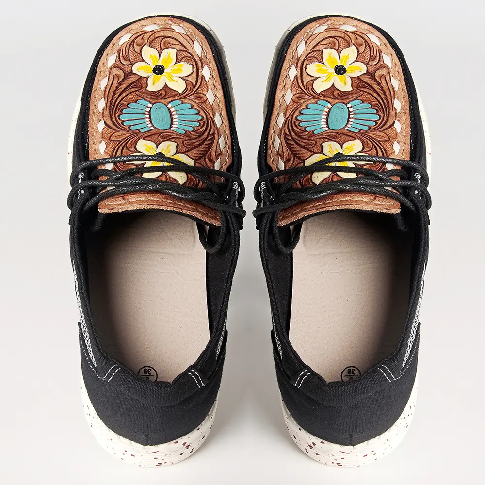 American Darling Hand tooled, carved genuine leather trim lightweight shoe footwear, slip on| Tooled Footwear