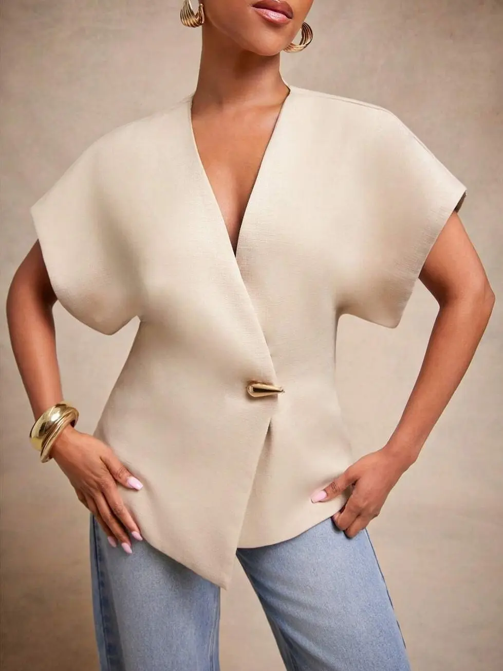 Women's Asymmetrical Hem Waistcoat Top, Solid Textured Woven Single Button Vest, Elegant Office Workwear