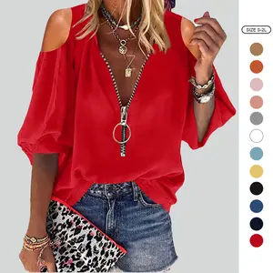 Imily Bela Womens V-Neck Lantern Sleeve Blouse Zipper Design Loose Casual Top Shirts