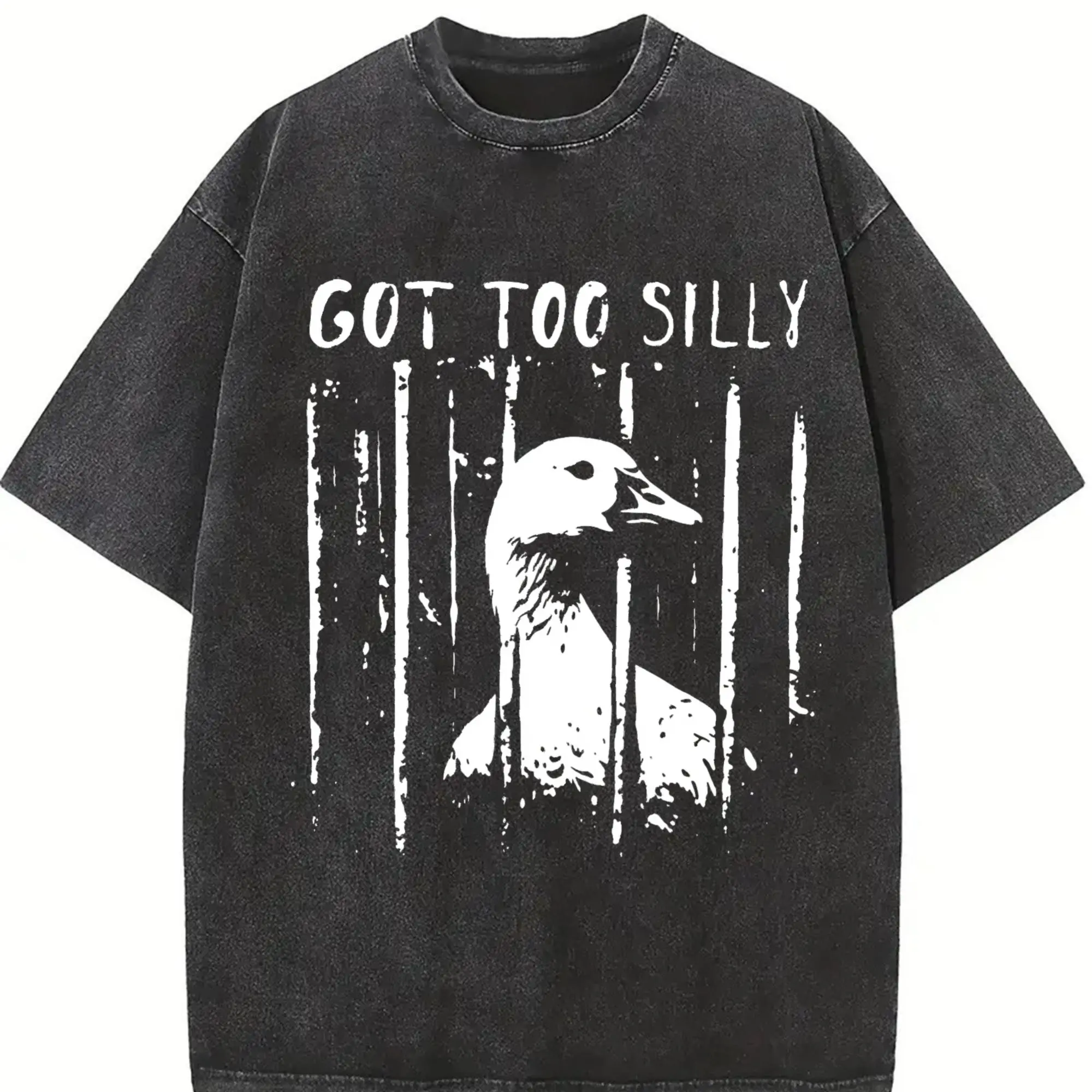 Men's Unhinged Goose Too Silly Jail Meme Graphic T-Shirt, Streetwear Menswear Casual Round Neck Short-Sleeve Heavyweight Pure Cotton Vintage Washed Boxy Oversized DTG Printed Tee, Shortsleeve