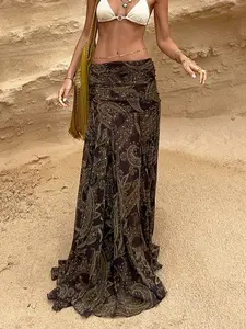 Vintage Mesh Print Fitted Long Maxi Skirt, Bohemian Vacation Style Half Skirt, Elegant Women's Fashion for Spring & Summer, Bottoms