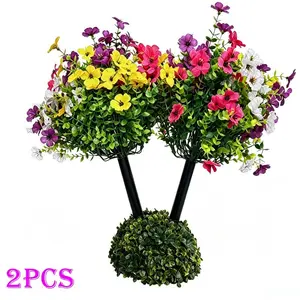 2 sets of pre-assembled artificial flower arrangements with ground spikes, including grass balls and ground plugs. Ready to use immediately, suitable for both indoor and outdoor use, ideal for decorating gardens and courtyards.