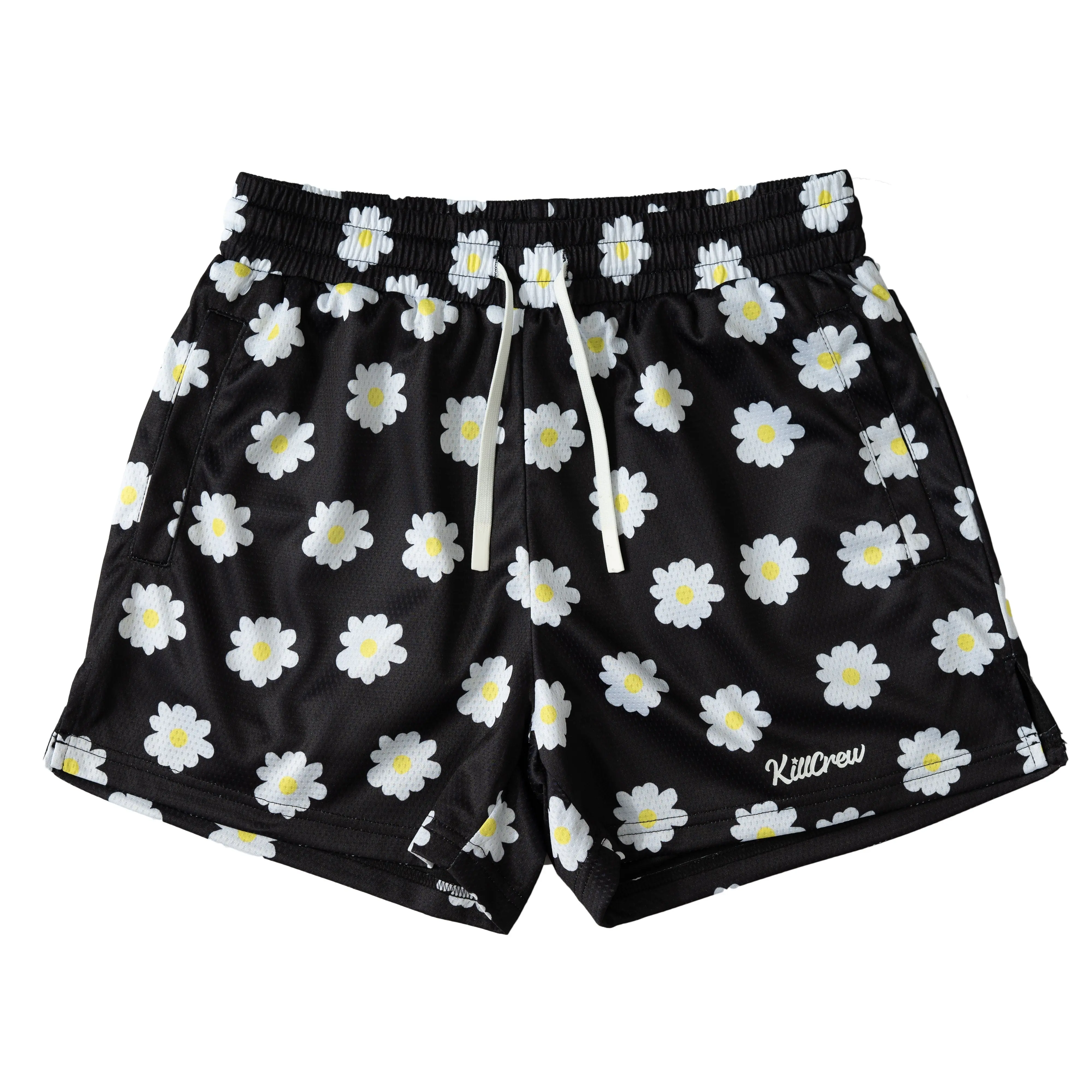Kill Crew Daisy Muay Thai Mid Thigh Cut Shorts - Unisex, Pockets, Gym Shorts, Elastic Waistband, Long drawcord with wax tips Workout Clothes