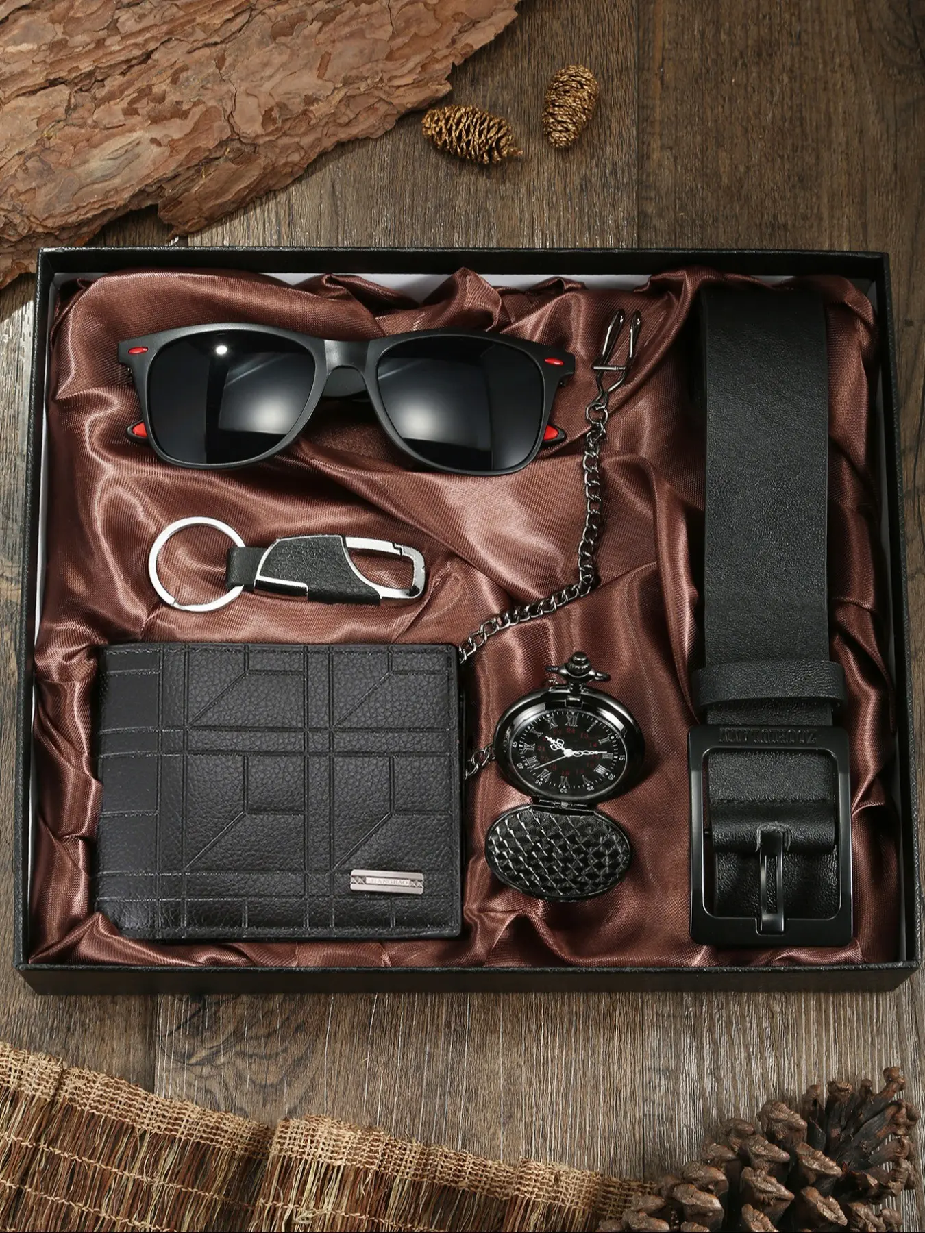 5pcs Men's Business Fashion Retro Pocket Watch Set with Sunglasses, Belt, Wallet, Keychain, Men Accessories, Perfect Gift for Holidays, Birthdays, Father's Day