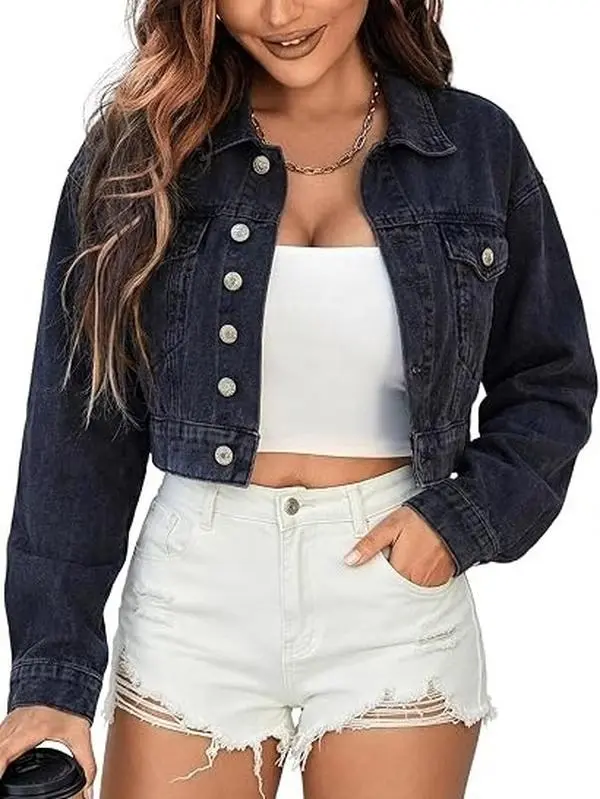 EMMIOL Cropped Denim Jacket for Women Vintage, Oversized Jean Jacket Distressed Dark Wash, Baggy Short Coat