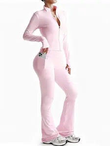 Women’s high-waisted yoga set featuring a stand-collar zip-up jacket and wide-leg pants, soft and comfortable, suitable for fitness training, running, cycling, hiking, golf, tennis, and yoga.