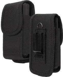 Nakedcellphone Pouch for CAT S22 Flip Phone, Sonim XP3 Plus 4G (XP3900) Case, Black Rugged Canvas Vertical Holster Holder Metal Clip and Secure Belt Thread Loop Harness - Quiet Magnetic Closure
