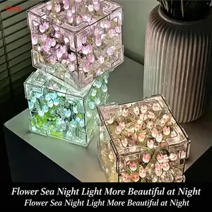 Tulip Flower Sea Cube Night Light, LED Soft Glow Bedside Lamp, Handmade DIY Creative Decor, Girlfriend Best Friend Birthday Gift