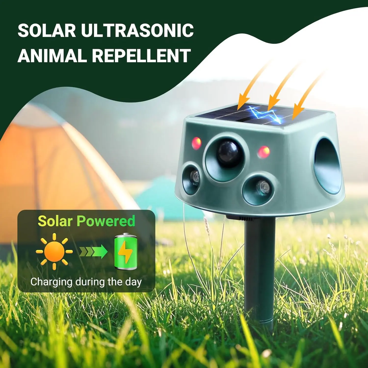 Solar Animal Repeller, 360° Ultrasonic Animal Repeller, Outdoor Cat Repeller, Dog Repeller, with Motion Sensor and Flashing Light — Protection Against Dogs, Deer, Foxes, Raccoons, Skunks, Rabbits, Squirrels, and Coyotes