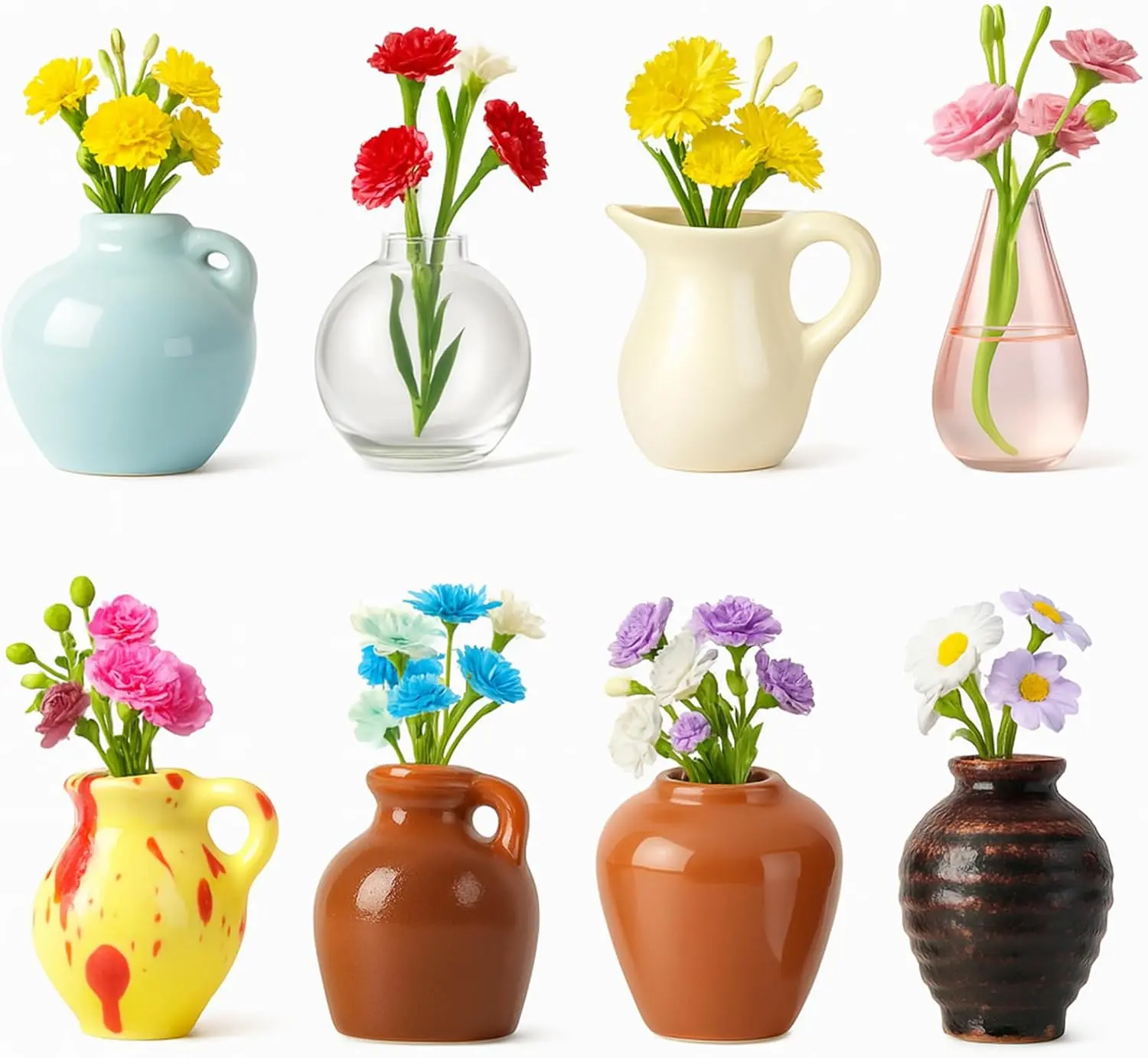 Mini Ceramic Vase Magnets for Fridge – 8 Set Handmade Tiny Flower Pots for Aesthetic Home Décor, for Women, Mom, or Teacher, Boho Pottery Decoration, Small Art Accent for Kitchen or Office