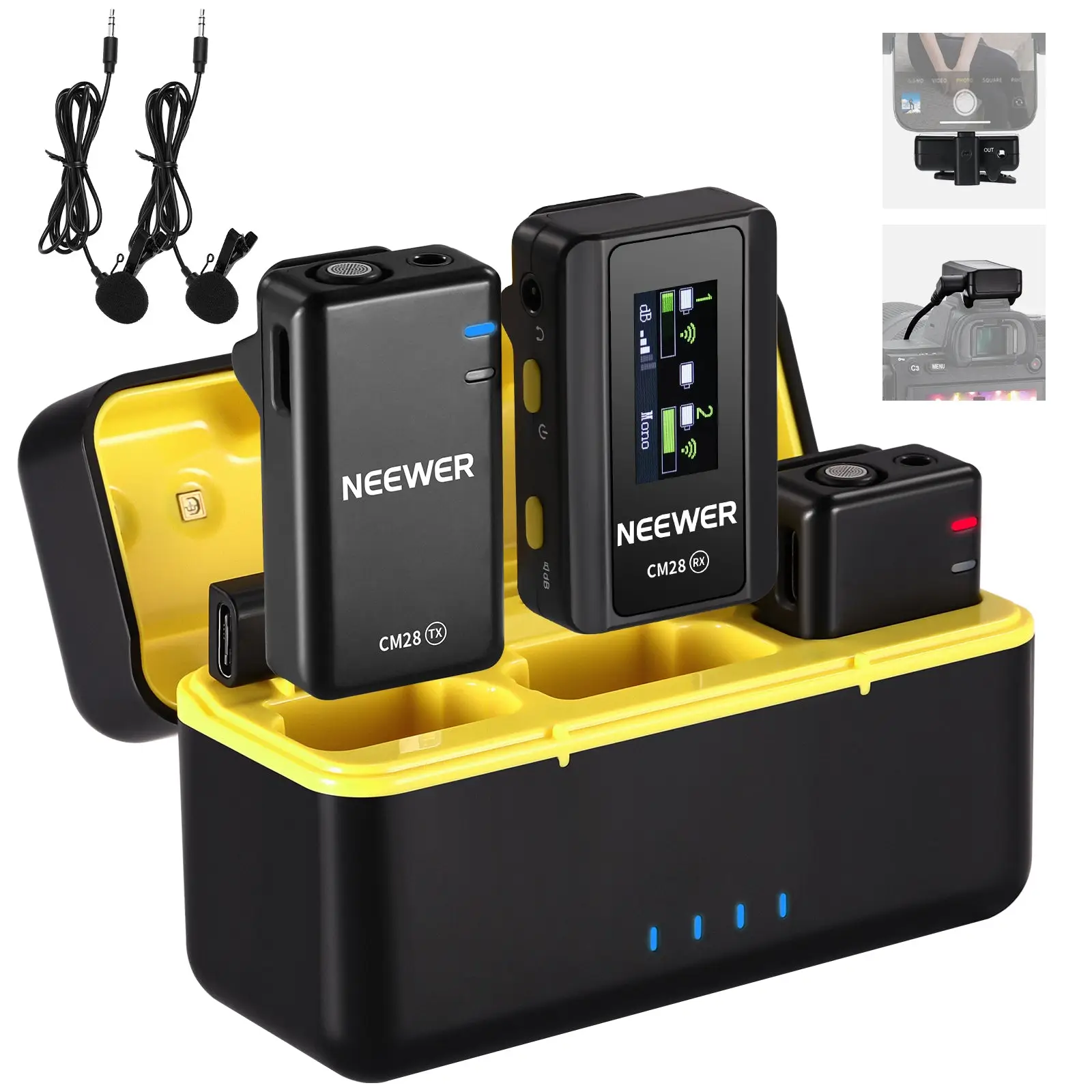 NEEWER CM28 Wireless Lavalier Microphone,Streaming Equipment with Charging Case and OTG Adapter, Compatible with iPhone, Android, PC, Camera,Ideal for