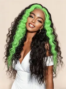 28 Inch Black with Neon Green Highlights Deep Wave Lace Front Wig, Curly Heat Resistant Synthetic Hair, 13x4 HD Transparent Lace, Free Part, Pre-Plucked Natural Hairline for Party & Festival Use Synthetic Wigs
