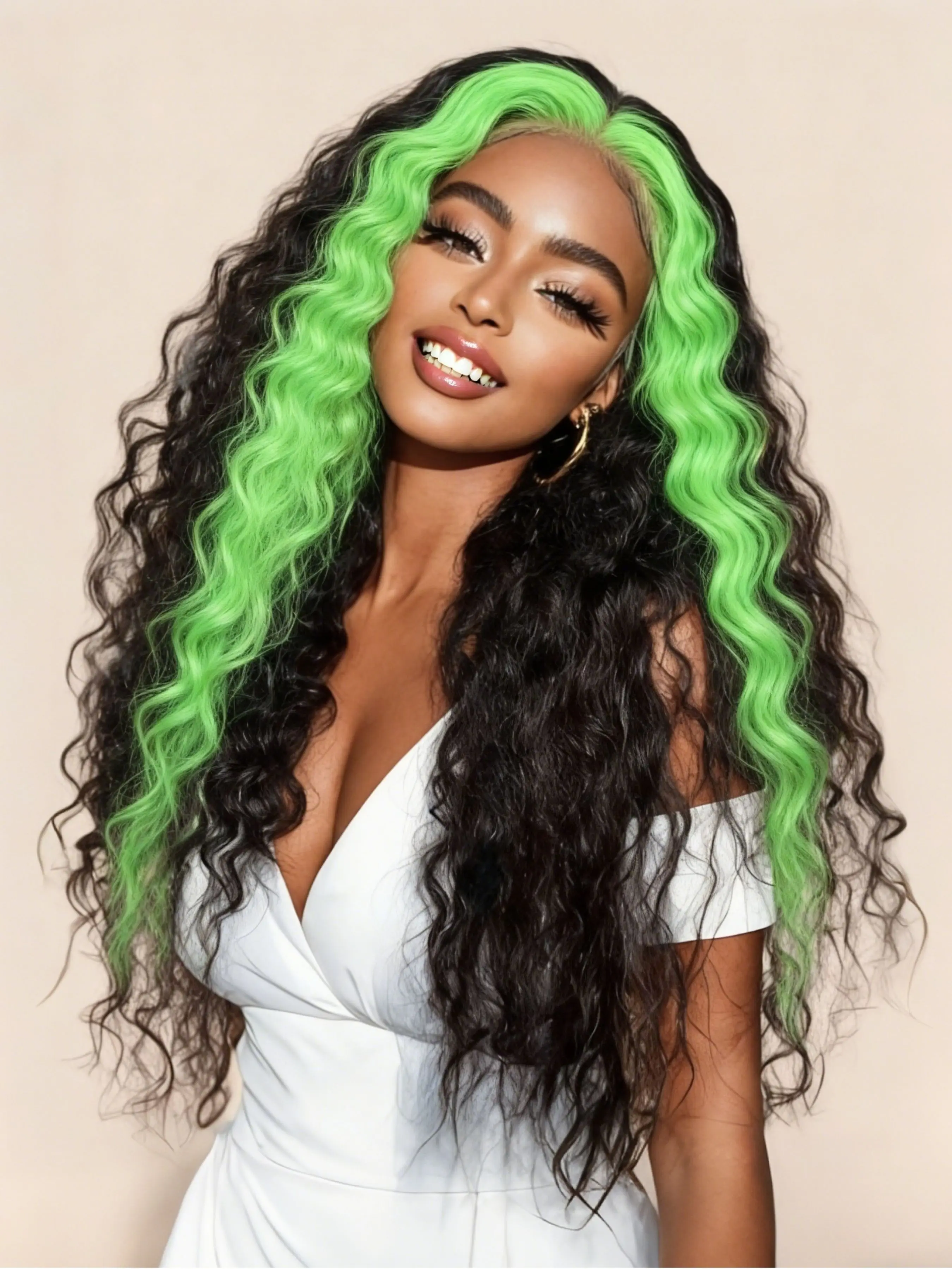 28 Inch Black with Neon Green Highlights Deep Wave Lace Front Wig, Curly Heat Resistant Synthetic Hair, 13x4 HD Transparent Lace, Free Part, Pre-Plucked Natural Hairline for Party & Festival Use Synthetic Wigs