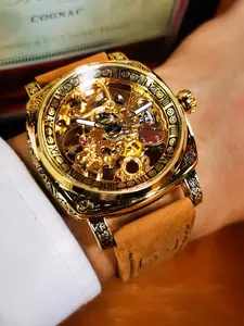 1pc Men's Vintage Luxury Square Skeleton Automatic Mechanical Watch, Luminous Hands, Leather Strap, Business Casual Wristwatch Gift Box Included