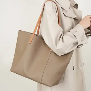 1pc Cowhide Leather Handmade Tote Bag, Spacious Commuter Handbag for Office Ladies, Stylish Daily Single Shoulder Bag with Inner Pouch.
