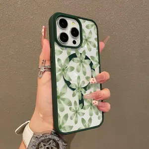 Sage Green Watercolor Flower Print Magnetic Protective Case for iPhone 17 16 E Pro Max 15 Plus 14 13 12 11 XS XR, Girly Design | Shockproof, Silicone, Stylish, Trendy, and Scratch Resistant