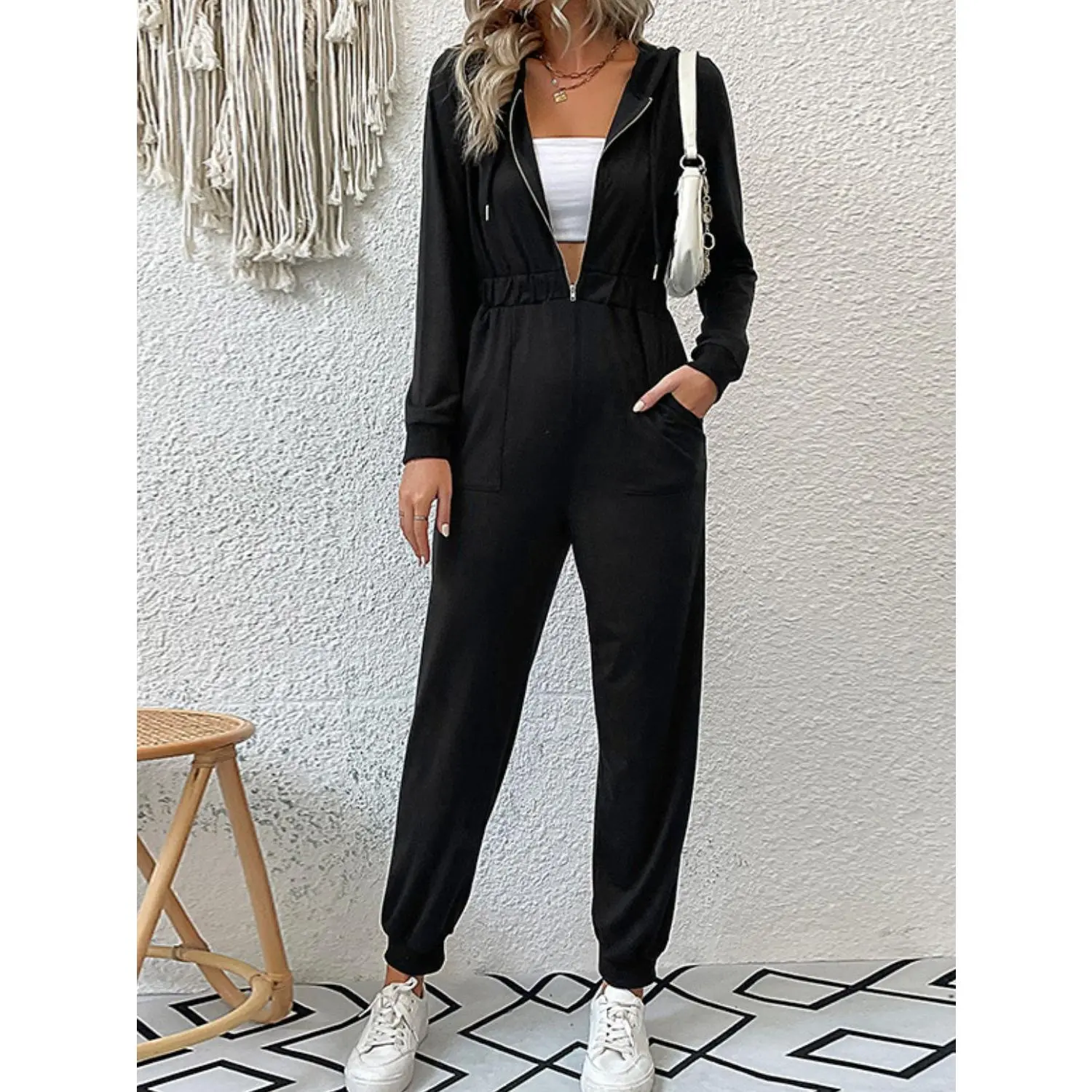 Zip Up Elastic Waist Hooded Jogger Jumpsuit