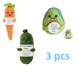 3 Pcs Emotional Support Vegetable and Fruit Positive Potato Pickle Carrot Cute Handmade Knitted Wool Crochet Doll Cheer Up Gifts for Birthday Party Room Decor