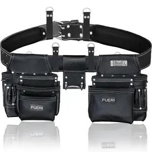 FUERI 17 Pocket Leather Tool Belt,Comes with Padded Belt, Big Pouches, Hammer Holder and Suspender loops, Ideal for Construction Workers, Carpenters and Electrician.