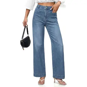 Women's High-Waisted Stretchy Fashion Jeans - Womenswear Bottom, Wide-Leg Baggy Denim Pants with Patch Pockets, Flattering Fit