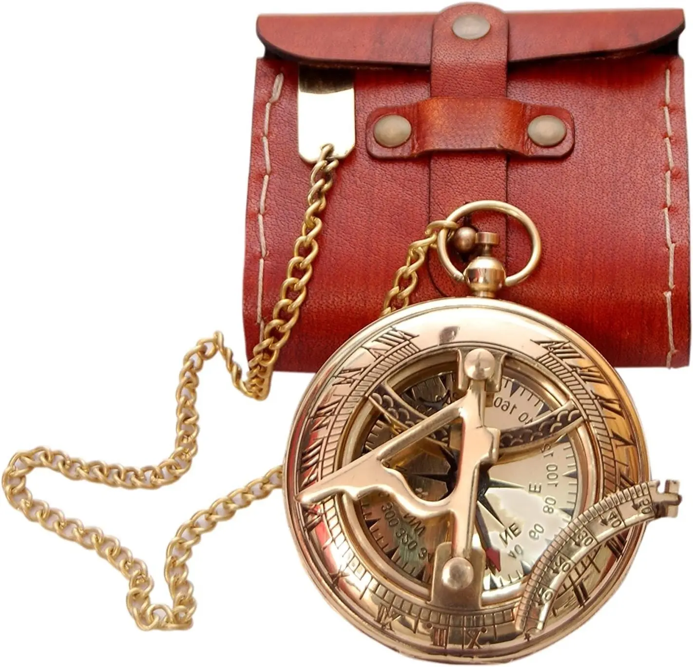 Handcrafted Antique Vintage Brass Sundial Compass with Leather Case Gift