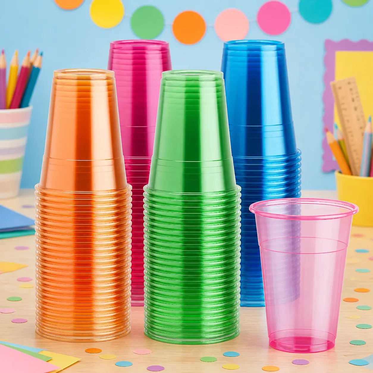 Back to School Party Cups – Neon Assorted Plastic Cups, 12oz & 16oz, 100 Count, Blacklight Reactive for Campus, Dorm & Outdoor Parties