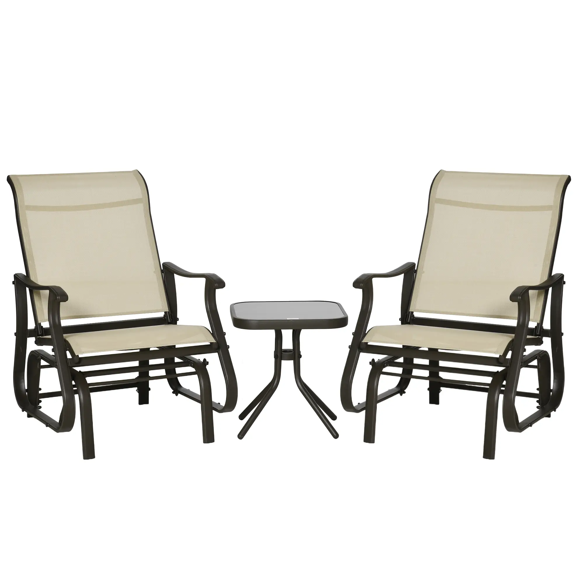 Outsunny 3-Piece Outdoor Gliders Set Bistro Set with Steel Frame, Tempered Glass Top Table for Patio, Garden, Backyard, Lawn, Light Mixed Brown