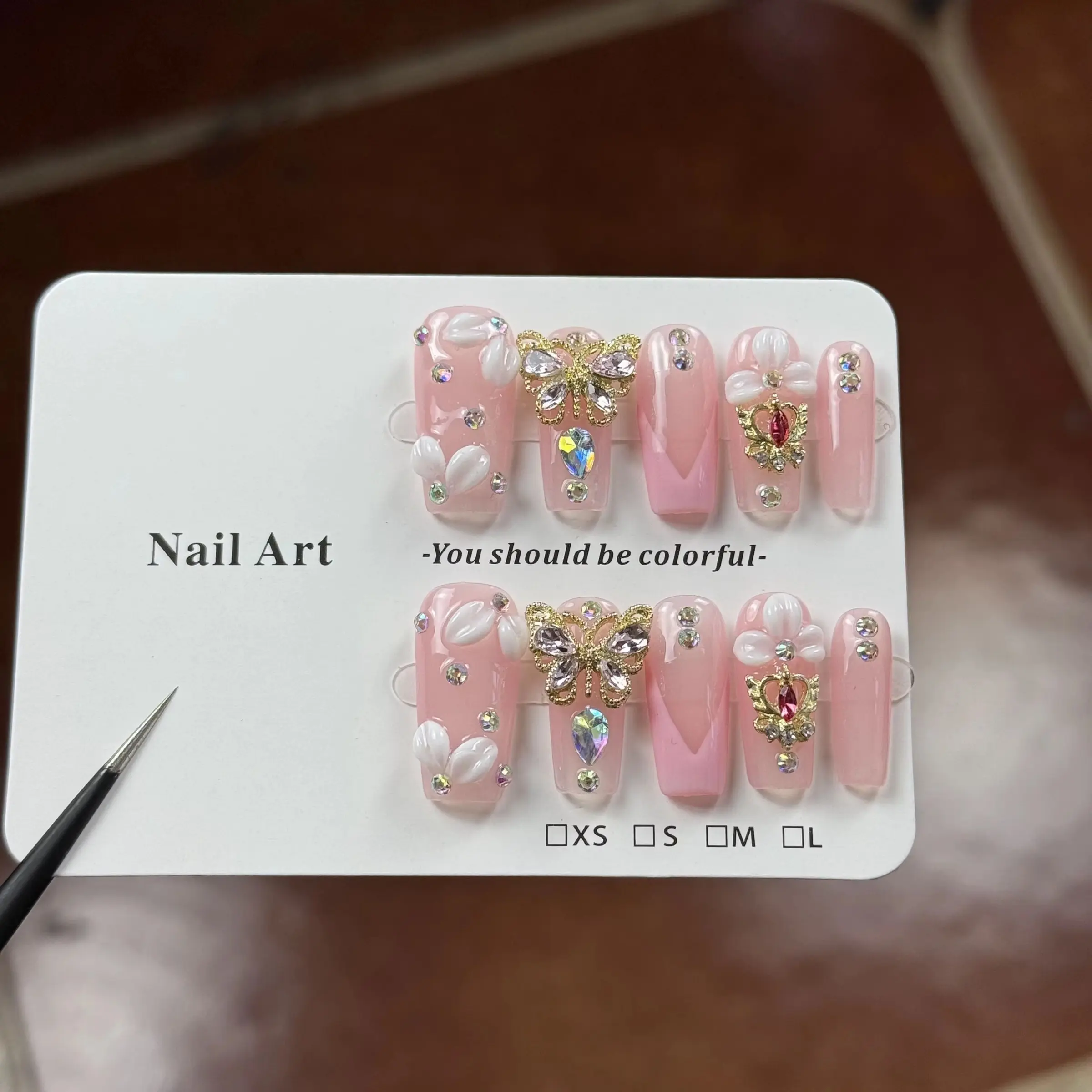 10pcs high-end Pink girl style, hand-carved, three-dimensional butterfly, heart, sparkling small diamonds handmade fake nails Decorative Nails Glittering Fake Nails