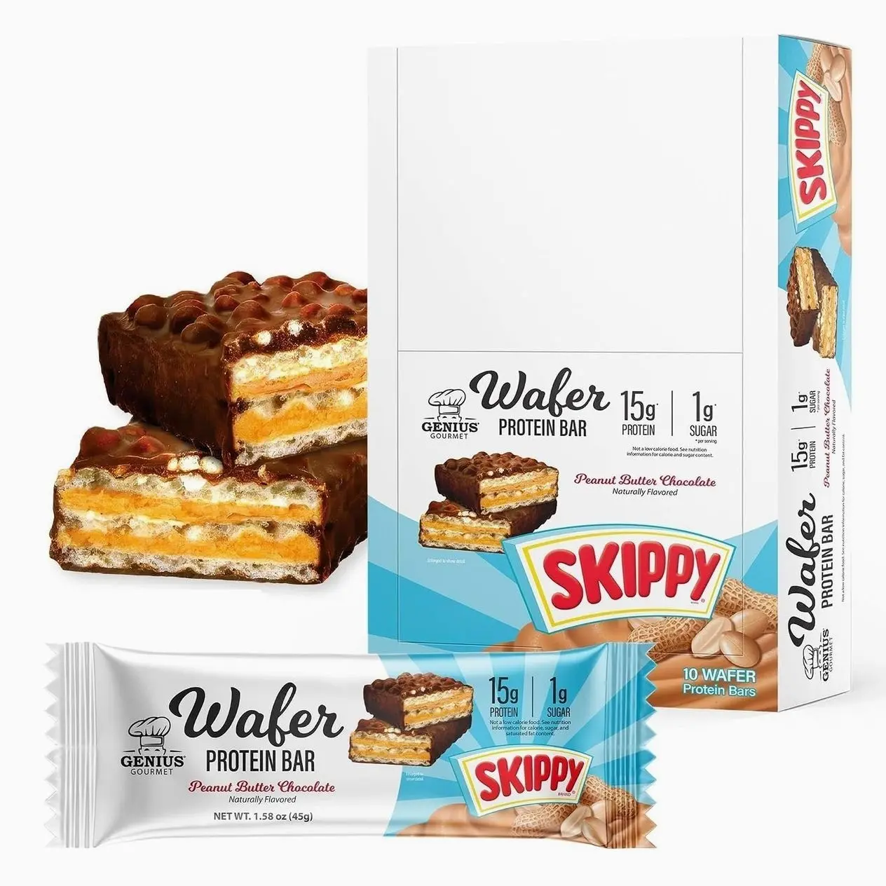 Genius Gourmet SKIPPY® Peanut Butter Chocolate Flavored Wafer Protein Bars,15g Protein per serving (30% DV), 1g Sugar, Chocolatey Snack Bar – 10 Count