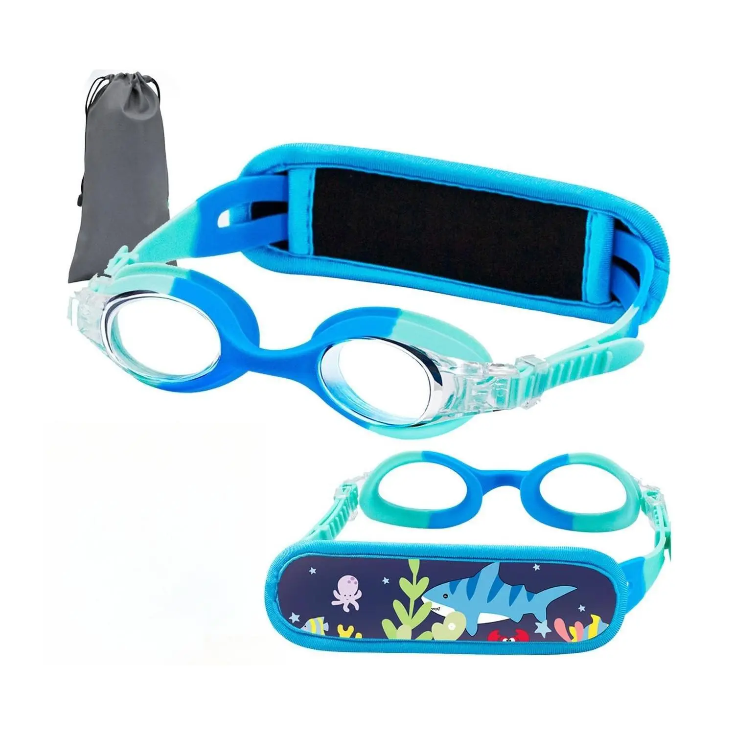 Kids' Cartoon Swimming Goggles with Silicone Frame and No-Tangle Fabric Strap, Anti-Fog & Leakproof Water Goggles for Toddlers, Adjustable with Double Seal, Swimming Accessories, Swim Kit, Fabric/Silicon, Cartoon Print, Sun Protection