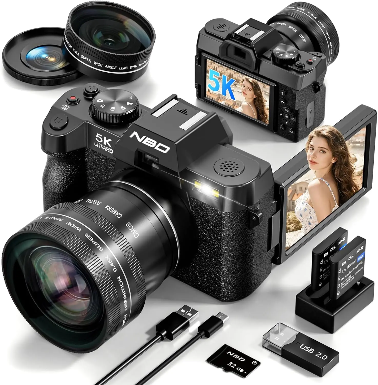NBD 5K 64MP Digital Camera for Photography Autofocus & Anti-Shake,16X Zoom,WiFi,Wide-Angle Macro Lens,32GB TF Card,Vlogging Camera for YouTube & Travel