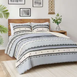 Boho Queen Blue Comforter Set, Modern Farmhouse Full Size Bedding, Cotton Top with Neutral Rustic Style Clipped Jacquard Stripes, Tufted Bed Sets,3-Pieces Including Matching Pillow Shams (90"W x 90"L)