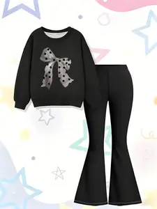 Girls' Polka Dot Bow Print Sweater Set, 2 Piece Fitted Round Neck Long Sleeve Hoodie & Elastic Waist Pants, Party Christmas Gift, Vintage Girly Clothes