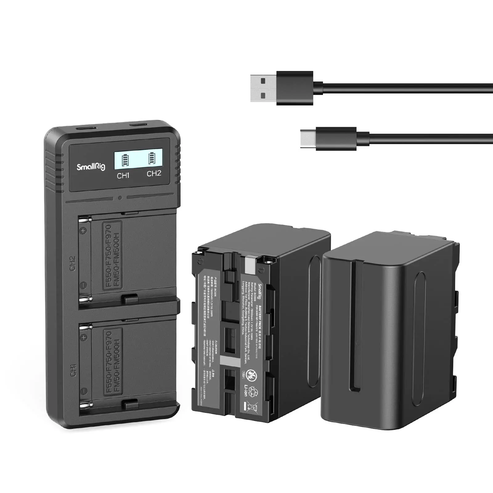 SmallRig NP-F970 Replacement Batteries (2 Pack) & Fast Charger USB Dual Charger 3823